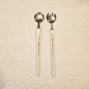 Vintage Salad Serving Set With Floral Design Handles Stainless Steel